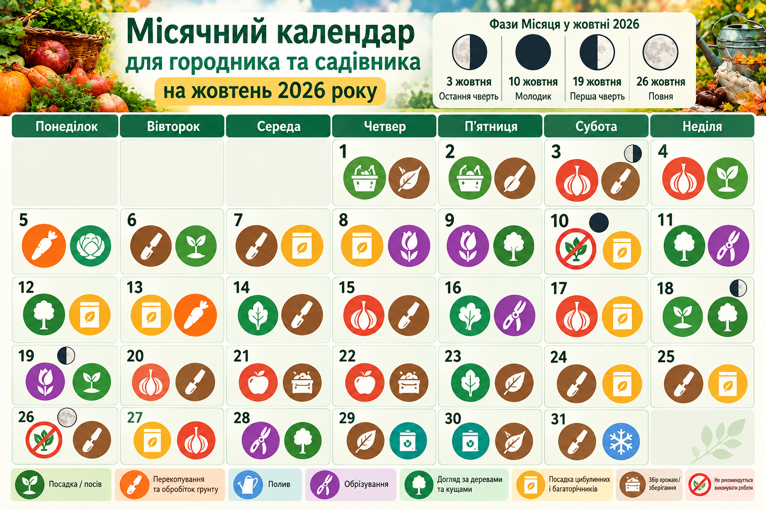 основні роботи у саду на жовтень 2026 року календар